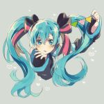  1girl absurdres blue_eyes blue_hair blue_nails blush detached_sleeves eyelashes fingernails floating_hair graphite_(medium) grey_background hair_ribbon hand_on_own_chin hatsune_miku heart highres long_hair nail_polish ribbon shaded_face simple_background solo_focus traditional_media twintails upper_body vocaloid yuya_kyoro 
