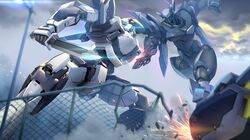  arbalest belial_(full_metal_panic!) clouds cloudy_sky damaged fence fighting from_below full_metal_panic! highres holding holding_weapon knife lamppost mecha no_humans sky smoke_(flyx21) sparks weapon 