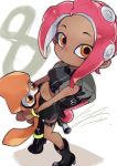  1girl agent_8 asymmetrical_legwear bag boots breasts dark_skin full_body high_heel_boots high_heels io_naomichi makeup mascara midriff navel octoling orange_eyes redhead skirt solo splatoon splatoon_2 splatoon_2:_octo_expansion squid squidbeak_splatoon tentacle_hair 