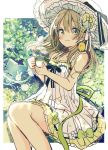  1girl animal animal_on_shoulder bangs bare_arms bare_shoulders bird_on_shoulder black_bow blush bow brown_hair closed_mouth commentary cup dress english_commentary eyebrows_visible_through_hair green_bow green_eyes green_ribbon hair_between_eyes hat highres holding holding_cup long_hair original ribbon sakura_oriko sitting sleeveless sleeveless_dress smile solo star steam teacup very_long_hair white_dress white_hat 