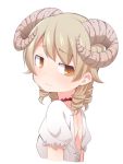  1girl bangs blush breasts brown_eyes closed_mouth cropped_torso curled_horns eyebrows_visible_through_hair horns idolmaster idolmaster_cinderella_girls light_brown_hair long_hair looking_at_viewer looking_to_the_side morikubo_nono puffy_short_sleeves puffy_sleeves ringlets sheep_horns shirt short_sleeves simple_background small_breasts solo ushi white_background white_shirt 