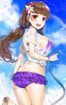 1girl ass back bangs bikini blue_sky blunt_bangs blush bracelet breasts brown_hair collarbone flower hair_flower hair_ornament hips hose idolmaster idolmaster_cinderella_girls jewelry kamiya_nao large_breasts long_hair looking_at_viewer low_twintails open_mouth purple_bikini red_eyes shirt sky solo swimsuit thick_eyebrows twintails waist wet wet_clothes wet_shirt 