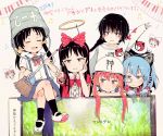  5girls :d animal_ears bangs beamed_eighth_notes black_hair black_legwear blue_hair blue_skirt bow braid broom brown_eyes bucket bucket_hat cat_ear_headphones cat_ears claw_(weapon) closed_mouth collared_shirt colored_eyelashes commentary_request dress eighth_note eyebrows_visible_through_hair fake_animal_ears fake_halo gomennasai hair_between_eyes hair_bow hat headphones heart heart_print helmet holding holding_broom legs_crossed long_sleeves low_twintails mismatched_footwear multiple_girls musical_note open_mouth original outstretched_arm piano_keys pink_shirt pleated_skirt print_bow puffy_short_sleeves puffy_sleeves red_bow red_dress red_eyes redhead school_uniform shirt shoes short_sleeves sitting skirt smile socks suspender_skirt suspenders twin_braids twintails unconventional_guitar uwabaki v violet_eyes weapon white_footwear white_shirt 