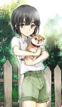  1boy black_eyes black_hair coin_rand collar commentary_request cowboy_shot dog fence green_shorts highres holding looking_at_viewer looking_up male_focus outdoors parted_lips puppy shiba_inu short_hair shorts standing thick_eyebrows 