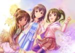  3girls :d bangs bench bending_forward blue_dress brown_eyes brown_hair camera cardigan commentary_request cowboy_shot cropped_legs dress dutch_angle feet_out_of_frame flower folded_leg frilled_skirt frills fujiwara_hajime gradient gradient_background hair_bobbles hair_bun hair_flower hair_ornament hair_ribbon hands_together idolmaster idolmaster_cinderella_girls imai_kana jewelry long_hair long_sleeves looking_at_viewer medium_hair multiple_girls necklace open_cardigan open_clothes open_mouth petticoat pink_cardigan pink_dress pink_ribbon pink_shirt plaid plaid_skirt purple_legwear ribbon rose scrunchie shirt short_hair sitting skirt smile standing standing_on_one_leg takamori_aiko takoyaki_(roast) thigh-highs twintails upper_teeth yellow_cardigan yellow_flower yellow_rose 