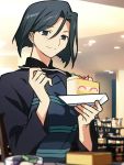  1girl black_eyes black_hair cake commentary_request dish eyebrows_visible_through_hair fate/zero fate_(series) food fork hair_between_eyes highres hisau_maiya holding holding_fork restaurant short_hair smile solo yuuma_(u-ma) 