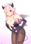  1girl ;d absurdres bangs blush breasts demon demon_girl eyebrows_visible_through_hair gloves headphones highres horns keokz looking_at_viewer nitroplus one_eye_closed open_mouth pantyhose pink red_eyes simple_background smile solo succubus super_sonico tail tongue tongue_out white_background wings 