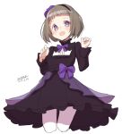  1girl :d bangs black_dress blush bow brown_hair cropped_legs dated dress hands_up head_tilt long_sleeves looking_at_viewer maze_(gochama_ze_gohan) open_mouth original pantyhose purple_bow short_hair signature simple_background sketch smile solo violet_eyes white_background white_legwear 
