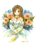  1girl black_hair blush breasts cleavage commentary_request dated dress final_fantasy final_fantasy_ix flower garnet_til_alexandros_xvii jewelry long_hair necklace shiroma_(mamiko) solo tiara traditional_media watercolor_(medium) wedding_dress 