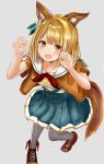  1girl :d animal_ears arms_up blonde_hair blue_skirt blush braid brown_jacket claw_pose collarbone commentary_request dog_ears dog_girl dog_tail fang fingernails granblue_fantasy grey_background grey_legwear high-waist_skirt highres jacket looking_at_viewer open_clothes open_jacket open_mouth pantyhose pleated_skirt red_eyes red_footwear ria_(riarea00) sailor_collar shirt shoes short_sleeves simple_background skirt smile solo tail v-shaped_eyebrows vajra_(granblue_fantasy) white_sailor_collar white_shirt 
