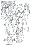  6+girls ankea_(a-ramo-do) bandanna bangs baseball_cap beanie bike_shorts black_vest blue_(pokemon) boots breasts closed_mouth coat crossed_arms crystal_(pokemon) cutoffs double_bun floral_print full_body gloves graphite_(medium) greyscale hair_between_eyes hair_ornament hairclip hand_on_own_face hat hat_ribbon head_scarf highres long_hair looking_at_viewer monochrome moon_(pokemon) multiple_girls odamaki_sapphire platinum_berlitz pokemon pokemon_special ponytail ribbon scarf shirt short_hair short_sleeves shorts simple_background sitting skirt smile standing tied_shirt traditional_media twintails vest whi-two_(pokemon) white_(pokemon) white_background wristband y_na_gaabena yellow_(pokemon) 