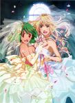  2girls absurdres blonde_hair blue_eyes dress earrings elbow_gloves gloves green_hair highres jewelry macross macross_frontier microphone multiple_girls petals ranka_lee sheryl_nome short_hair single_earring vintage_microphone wedding_dress 