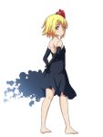  1girl arms_behind_back backless_outfit bare_shoulders barefoot black_dress black_gloves blonde_hair cato_(monocatienus) commentary_request darkness dress elbow_gloves full_body gloves hair_ribbon looking_at_viewer red_eyes ribbon rumia short_hair simple_background solo strapless strapless_dress touhou white_background 