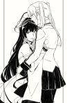  2girls bare_shoulders clothes_grab collared_shirt commentary cowboy_shot detached_sleeves eyebrows_visible_through_hair gesture gloves graf_zeppelin_(kantai_collection) greyscale hair_between_eyes hair_over_shoulder hair_ribbon half-closed_eyes hand_on_another&#039;s_head hand_on_another&#039;s_hip hat hug japanese_clothes kantai_collection long_hair long_sleeves looking_at_viewer military military_hat mizuho_(kantai_collection) monochrome multiple_girls pantyhose parted_lips peaked_cap pleated_skirt ribbon shirt simple_background skirt straight_hair tress_ribbon twintails weidashming white_background 