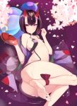  1girl alcohol ankle_ribbon barefoot bob_cut breasts closed_mouth cup fate/grand_order fate_(series) feet highres horns looking_at_viewer navel oni_horns petals purple_hair red_horns ribbon sakazuki sake sha_(amfil100) shuten_douji_(fate/grand_order) small_breasts smile soles solo toes violet_eyes water wet 