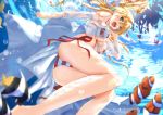  1girl :d ass bare_legs barefoot bikini blonde_hair blurry breasts cleavage clownfish depth_of_field eyebrows_visible_through_hair fate/grand_order fate_(series) fish foreshortening from_below front-tie_top green_eyes hair_between_eyes hair_intakes hair_ribbon large_breasts long_hair nero_claudius_(fate)_(all) nero_claudius_(swimsuit_caster)_(fate) open_mouth petals ribbon side-tie_bikini smile solo striped striped_bikini swimsuit tsuuhan under_boob underwater 