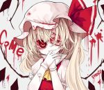  1girl ascot bandage bandage_over_one_eye bandaid bandaid_on_arm blonde_hair blood earrings eyebrows_visible_through_hair flandre_scarlet gloves grey_background hat jewelry long_hair looking_at_viewer puffy_short_sleeves puffy_sleeves red_eyes red_ribbon ribbon short_sleeves side_ponytail smile solo touhou upper_body vils white_gloves yellow_neckwear 
