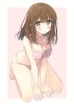  1girl bangs barefoot between_legs blush bra breasts brown_eyes brown_hair cleavage collarbone eyebrows_visible_through_hair hand_between_legs kneeling leaning_forward looking_at_viewer medium_breasts medium_hair original panties parted_lips pink_background pink_bra pink_panties simple_background solo tsuke_(maholabo) underwear underwear_only 