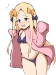  1girl abigail_williams_(fate/grand_order) absurdres bangs bikini black_bikini black_bow blonde_hair blue_eyes blush bow breasts commentary_request eyebrows_visible_through_hair fate/grand_order fate_(series) flying_sweatdrops forehead front-tie_bikini front-tie_top gluteal_fold groin hair_bow halter_top halterneck hands_up highres hood hood_down hooded_jacket jacket long_hair long_sleeves mitchi navel nose_blush open_clothes open_jacket open_mouth orange_bow parted_bangs pink_jacket simple_background sleeves_past_fingers sleeves_past_wrists small_breasts solo swimsuit thigh_gap very_long_hair wavy_mouth white_background 