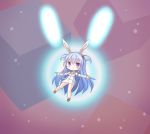  1girl animal_ears blue_hair blush chibi commentary detached_sleeves dress english_commentary eyebrows_visible_through_hair eyes_visible_through_hair frr_(akf-hs) hair_bobbles hair_ornament highres long_hair looking_at_viewer noah_(rabi_ribi) outstretched_arms rabbit_ears rabi-ribi smile solo spread_arms two_side_up very_long_hair violet_eyes 