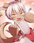  1girl animal_ears artist_name blush eyebrows_visible_through_hair fangs furry highres long_hair looking_at_viewer made_in_abyss nanachi_(made_in_abyss) nickniceth open_mouth signature smile solo teeth upper_body white_hair yellow_eyes 