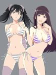  2girls :d arms_behind_back bikini black_hair breasts cleavage closed_mouth contrapposto cowboy_shot earrings eyebrows_visible_through_hair gluteal_fold grey_background grey_bikini grey_eyes halterneck jacket jewelry large_breasts long_hair looking_at_viewer medium_breasts multiple_girls navel nonaka_nono off_shoulder open_clothes open_jacket open_mouth original purple_bikini purple_hair side-tie_bikini sidelocks simple_background smile striped striped_bikini stud_earrings swimsuit thigh-highs twintails violet_eyes 