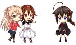  3girls ahoge alternate_costume blonde_hair blue_eyes braid brown_hair hair_ornament hairband hand_holding kantai_collection kiiro_kurumi multiple_girls murasame_(kantai_collection) orange_eyes red_eyes shigure_(kantai_collection) shiratsuyu_(kantai_collection) single_braid smile twintails 