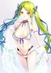  1girl bangs bare_shoulders bikini blue_ribbon blush breasts cleavage collarbone elbow_gloves elf front-tie_bikini front-tie_top gloves green_hair hair_ornament hair_ribbon halter_top halterneck large_breasts layered_bikini long_hair looking_at_viewer navel ogino_(oginogino) original pointy_ears ribbon simple_background single_elbow_glove smile solo standing swimsuit twintails very_long_hair white_gloves yellow_eyes 