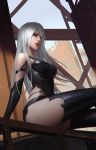  1girl android armlet black_shorts blue_eyes boots building commentary construction_site elbow_gloves from_below girder gloves head_tilt nier_(series) nier_automata painting qichao_wang red_lips robot_joints short_shorts shorts silver_hair sitting steel_beam tank_top thigh-highs thigh_boots thighs under_construction yorha_type_a_no._2 