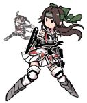  &gt;:d 2girls black_hair brown_hair cannon commentary_request elbow_gloves fighting_stance full_body gloves headband jintsuu_(kantai_collection) kantai_collection long_hair multiple_girls one_side_up pleated_skirt remodel_(kantai_collection) running scarf sendai_(kantai_collection) simple_background skirt solid_circle_eyes terrajin thigh-highs turret white_background 
