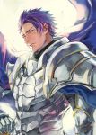  1boy armor blue_cape cape fate/grand_order fate_(series) fisheep knight lancelot_(fate/grand_order) looking_at_viewer male_focus purple_hair signature simple_background solo violet_eyes white_armor white_background 