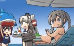 3girls :d amatsukaze_(kantai_collection) blonde_hair blue_swimsuit dated food graf_zeppelin_(kantai_collection) hair_between_eyes hair_tubes hamu_koutarou highres kamikaze_(kantai_collection) kantai_collection long_hair multiple_girls no_hat no_headwear one-piece_swimsuit open_mouth parasol purple_hair rensouhou-kun school_swimsuit shaved_ice sidelocks silver_hair smile swimsuit twintails two_side_up umbrella v-shaped_eyebrows violet_eyes windsock 