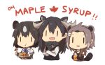  3girls :t =d american_beaver_(kemono_friends) animal_ears antlers bear_ears beaver_ears black_hair blue_neckwear bottle bridal_gauntlets brown_bear_(kemono_friends) chibi collared_vest cropped_torso crossed_arms eating elbow_gloves english extra_ears eyebrows_visible_through_hair food fur_collar fur_scarf gloves grey_hair hair_between_eyes hair_ornament hairclip high_collar holding holding_bottle holding_plate kemono_friends kyanos1145 leaf_print long_hair long_sleeves maple_leaf_print moose_(kemono_friends) moose_ears multicolored_hair multiple_girls open_mouth pancake plate scarf shirt short_hair short_sleeves side-by-side simple_background smile sweater two-tone_hair upper_body vest white_background |_| 