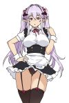  1girl apron bangs black_legwear bow bowtie breasts dress garter_straps hand_on_hip highres horns houtengeki long_hair looking_at_viewer maid medium_breasts original panties parted_lips pointy_ears purple_hair short_dress short_sleeves simple_background solo twintails underwear violet_eyes waist_apron white_background wrist_cuffs 