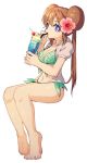  1girl ankea_(a-ramo-do) bangs bare_legs barefoot bikini blue_bikini blue_eyes breasts brown_hair cherry closed_mouth cup double_bun drink drinking_glass drinking_straw feet flower food fruit full_body hair_between_eyes hair_flower hair_ornament long_hair looking_at_viewer mei_(pokemon) midriff navel no_shoes open_clothes open_shirt pokemon pokemon_(game) pokemon_bw2 puffy_sleeves shirt simple_background sitting smile smiley_face soles solo swimsuit toes white_background white_shirt 