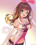  1girl :d a.i._channel arm_up bangs bare_shoulders blush breasts brown_hair collarbone commentary detached_sleeves eyebrows_visible_through_hair green_eyes hair_ribbon highres kizuna_ai lee_seok_ho long_hair long_sleeves looking_at_viewer medium_breasts multicolored_hair navel open_mouth pink_hair pink_ribbon play_button ribbon round_teeth shirt shorts sleeveless sleeveless_shirt sleeves_past_wrists smile solo streaked_hair teeth upper_teeth very_long_hair virtual_youtuber white_shirt white_shorts 