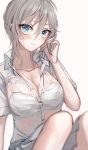  1girl anastasia_(idolmaster) blue_eyes blush bra collarbone commentary_request grey_hair highres idolmaster idolmaster_cinderella_girls looking_at_viewer rum_raisin_(chihiromakita19) see-through shirt short_hair smile solo underwear wet wet_clothes wet_shirt white_shirt 