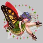  1girl antennae bangs bare_arms black_footwear blue_hair bright_pupils butterfly_wings character_name closed_mouth dress eternity_larva fairy full_body green_dress hair_ornament highres leaf leaf_hair_ornament looking_at_viewer masanaga_(tsukasa) orange_eyes shoes short_hair silhouette smile solo touhou typo white_pupils wings yellow_wings 