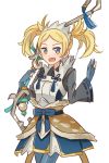 1girl blonde_hair blue_bow blue_eyes blue_gloves bow bow_(weapon) cosplay fire_emblem fire_emblem:_kakusei fire_emblem_heroes fire_emblem_if fur_trim gloves holding holding_bow_(weapon) holding_weapon hraaat liz_(fire_emblem) long_sleeves open_mouth partly_fingerless_gloves setsuna_(fire_emblem_if) setsuna_(fire_emblem_if)_(cosplay) simple_background solo twintails weapon white_background 