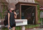  1girl backpack bag bottle brown_hair bus_stop commentary grass guard_rail hot original outdoors short_hair short_shorts shorts sleeveless solo sweat tabao umbrella water_bottle 