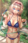  1girl alice_margatroid bikini blonde_hair blue_bikini blue_eyes blush breasts brick_wall collarbone cowboy_shot gluteal_fold grass hair_between_eyes hairband hands_up head_tilt highres hips hose large_breasts looking_at_viewer outdoors plant potted_plant shiny shiny_hair short_hair shounen_(hogehoge) smile solo stomach string_bikini swimsuit thighs touhou walkway water 