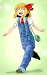  1girl blonde_hair closed_eyes denim fang highres jeans mutsunari_(crim0718) necktie open_mouth overalls pants pointy_ears rumia running shoes smile sneakers touhou 