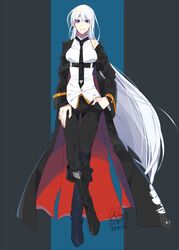  1girl azur_lane bangs bare_shoulders black_footwear black_legwear blue_eyes boots coat enterprise_(azur_lane) full_body hand_in_pocket hand_on_thigh highres leather long_coat long_hair looking_at_viewer mugino_kouji necktie pants shirt shoes simple_background smile solo standing white_hair white_shirt 