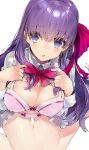  1girl absurdres bb_(fate/extra_ccc) bra breasts cleavage fate/extra fate/extra_ccc fate_(series) hair_ribbon highres kou_mashiro large_breasts looking_at_viewer navel open_mouth purple_hair ribbon shirt_lift simple_background sitting thigh_gap underwear violet_eyes wariza white_background 