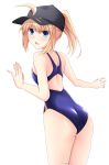  1girl ahoge artoria_pendragon_(all) ass baseball_cap blonde_hair blue_eyes blue_hat blue_swimsuit competition_swimsuit cowboy_shot cross_(crossryou) fate/extella fate/extra fate/grand_order fate_(series) from_behind hair_through_headwear hat long_hair looking_at_viewer mysterious_heroine_x one-piece_swimsuit ponytail rojiura_satsuki:_chapter_heroine_sanctuary simple_background solo swimsuit white_background 