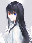  1girl bangs black_hair blue_eyes breasts commentary_request eyebrows_visible_through_hair flower from_side hair_between_eyes hair_over_shoulder heterochromia long_hair looking_at_viewer open_mouth original red_eyes shiny shiny_hair shirt sidelocks solo waka_(shark_waka) white_shirt 