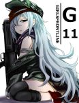  1girl absurdres ankle_boots assault_rifle bangs blush boots brown_eyes character_name coat commentary_request drooling g11 g11_(girls_frontline) girls_frontline green_coat green_hat grey_shirt gun hair_between_eyes half-closed_eyes hat heckler_&amp;_koch highres holding holding_gun holding_weapon kamatama knee_pads long_hair looking_at_viewer messy_hair off_shoulder open_clothes open_coat open_mouth rifle scarf scarf_on_head seiza shirt shorts shoulder_cutout sidelocks silver_hair sitting solo very_long_hair weapon 