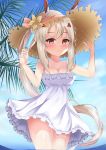  1girl arm_up ayanami_(azur_lane) azur_lane bangs bare_arms bare_shoulders blue_sky breasts cleavage clouds collarbone commentary_request day dress eyebrows_visible_through_hair flower hair_ornament hand_on_headwear hand_up hat hat_flower headgear highres himexin light_brown_hair long_hair medium_breasts outdoors ponytail red_eyes sky sleeveless sleeveless_dress solo straw_hat very_long_hair white_dress yellow_flower 