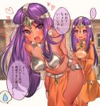  2girls :d arms_behind_back bare_shoulders blush breasts circlet cleavage dark_skin dragon_quest dragon_quest_iv eyebrows_visible_through_hair gem heart highres large_breasts loincloth long_hair long_sleeves manya masanaga_(tsukasa) midriff minea motion_lines multiple_girls navel open_mouth outline pelvic_curtain pink_eyes purple_hair siblings sisters smile spoken_sweatdrop straight_hair sweatdrop thighs translation_request twins violet_eyes white_outline wide_sleeves 