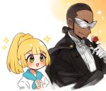  1boy 1girl bishoujo_senshi_sailor_moon black_hair blonde_hair blush cosplay dark_skin dark_skinned_male flower gloves kukui_(pokemon) lillie_(pokemon) long_hair mask open_mouth pokemon pokemon_(game) pokemon_sm ponytail rose shirt short_hair short_sleeves sparkle syoooyu15 tuxedo tuxedo_kamen tuxedo_kamen_(cosplay) white_gloves white_shirt 